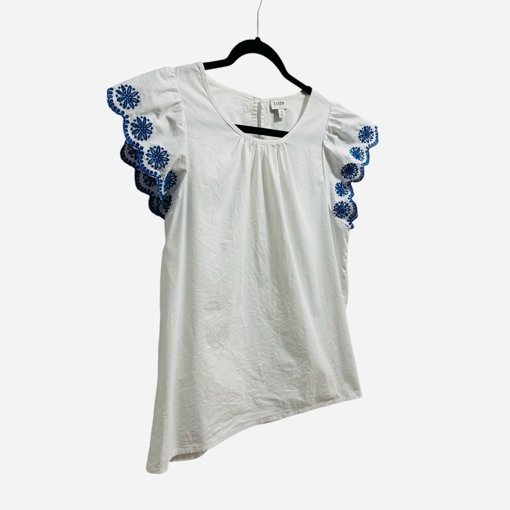 J. Crew embroidered flutter sleeve top white with blue scalloped sleeves Small - Picture 5 of 12